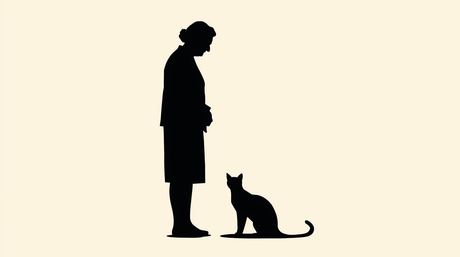 En ritad svart siluett på en gumma som står och en katt